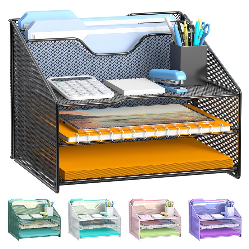 Samstar Desk File Organizer, Mesh Letter File Folder Holder with 3 Paper Trays and 2 Vertical Upright Section, for Office Supplies,Desk Accessories & Workspace,Black. - Image 1